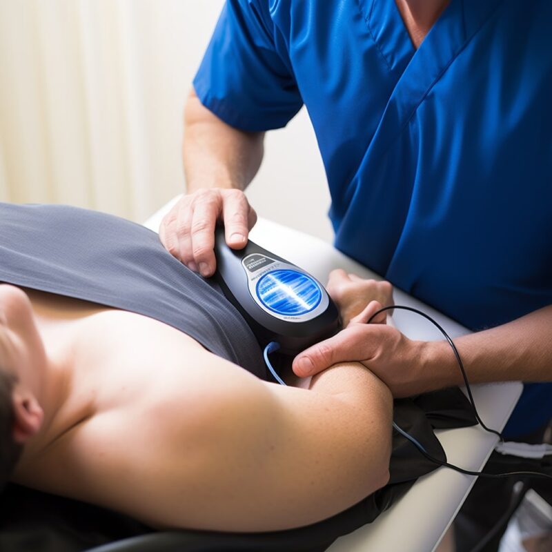 A chiropractor applying ultrasound gel to the patient's back before using the ultrasound transducer.